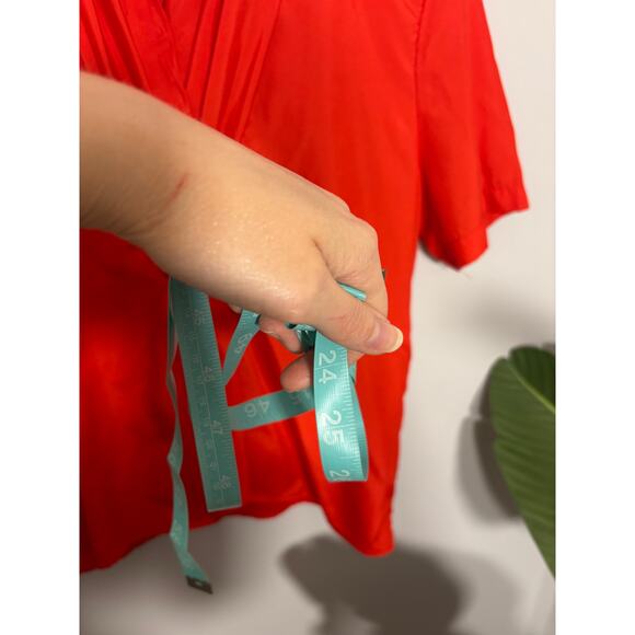 Vtg Red Draped Blouse Snap Neck Button Front Short Sleeve 80s | Bright Spring - Picture 7 of 12